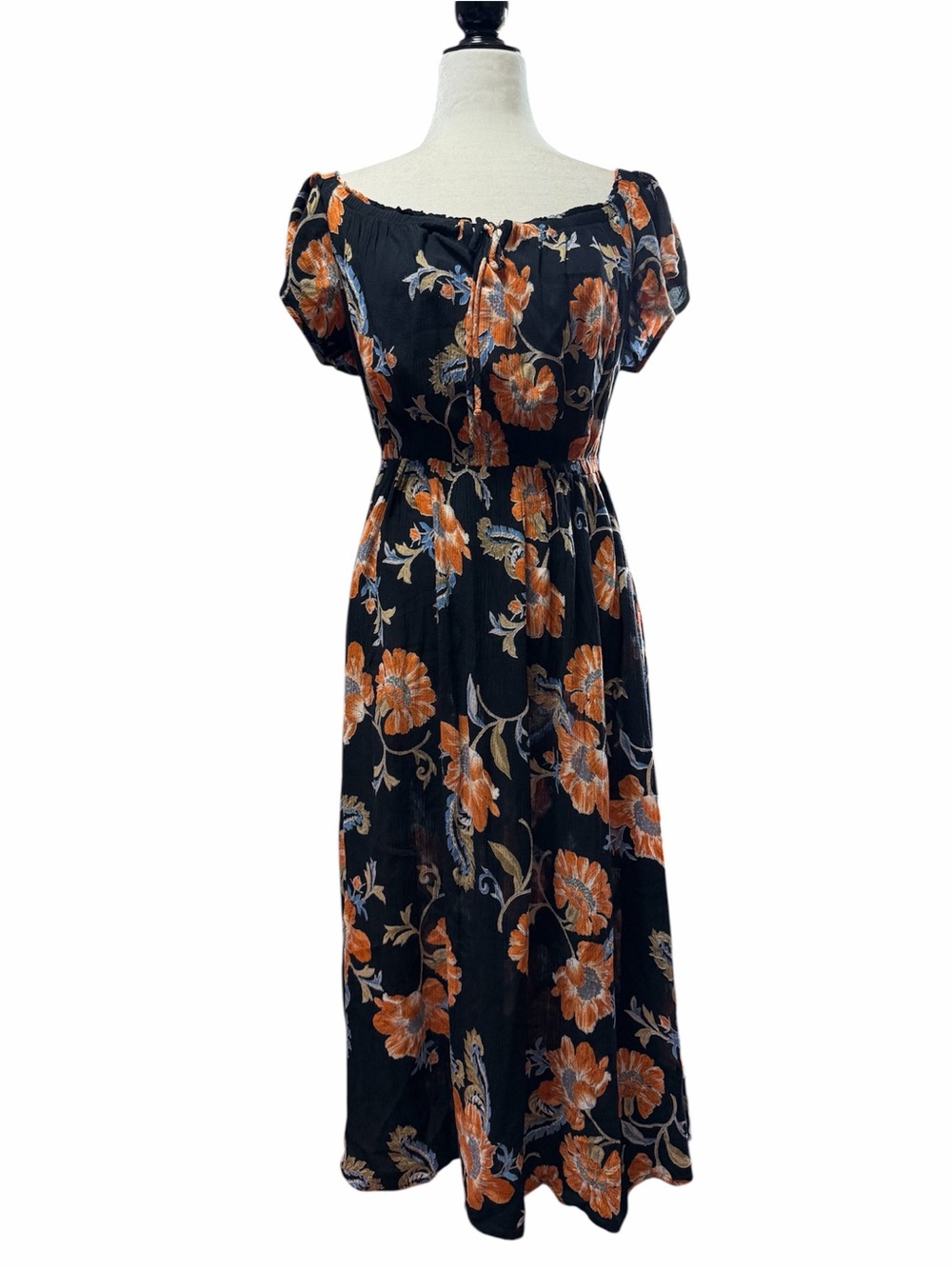 Patrons of Peace Black Midi Dress with Orange Floral Print US S